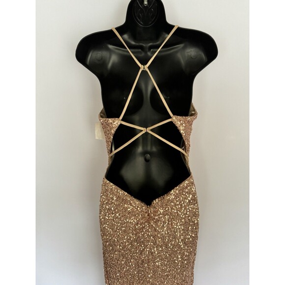 La Femme NWT Rose Blush Gold Sequin Floor Length Gown Tie Back Size 4 $398 - Picture 6 of 10